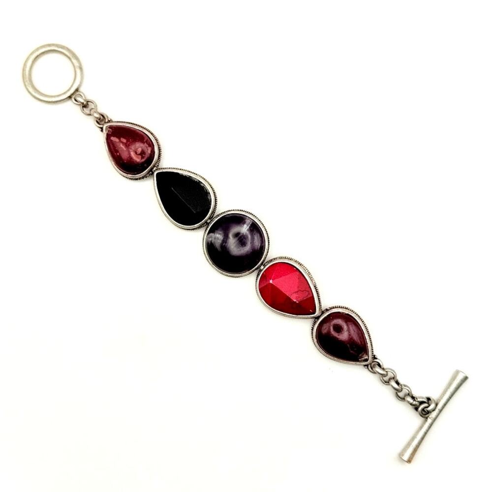 Vintage Lucky Brand Amethyst Red Purple Stones Boho Chunky Toggle Bracelet 6.5"